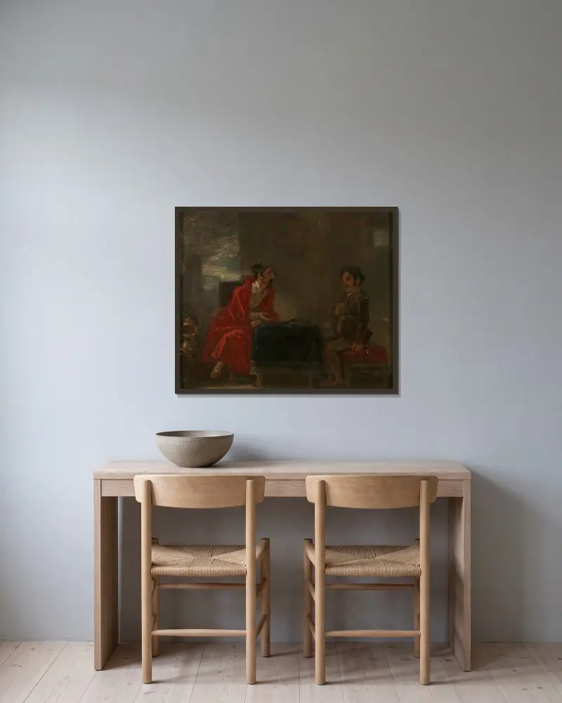 Illustration till Don Quixote, två figurer vid ett bord av Robert Smirke inramad på en vägg