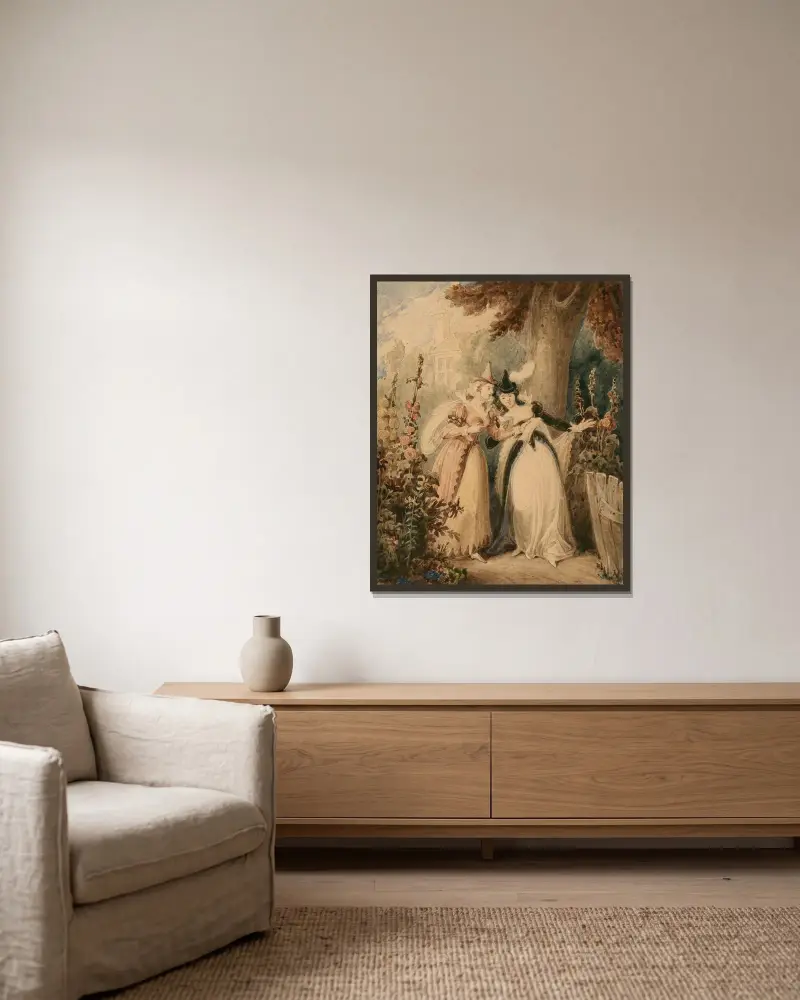 Die lustigen Weiber von Windsor, II, 1, Mrs. Ford und Mrs. Page lesen einen Brief von Robert Smirke gerahmt an einer Wand