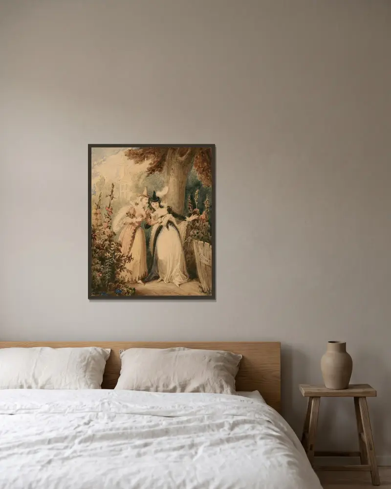 Die lustigen Weiber von Windsor, II, 1, Mrs. Ford und Mrs. Page lesen einen Brief von Robert Smirke gerahmt an einer Wand