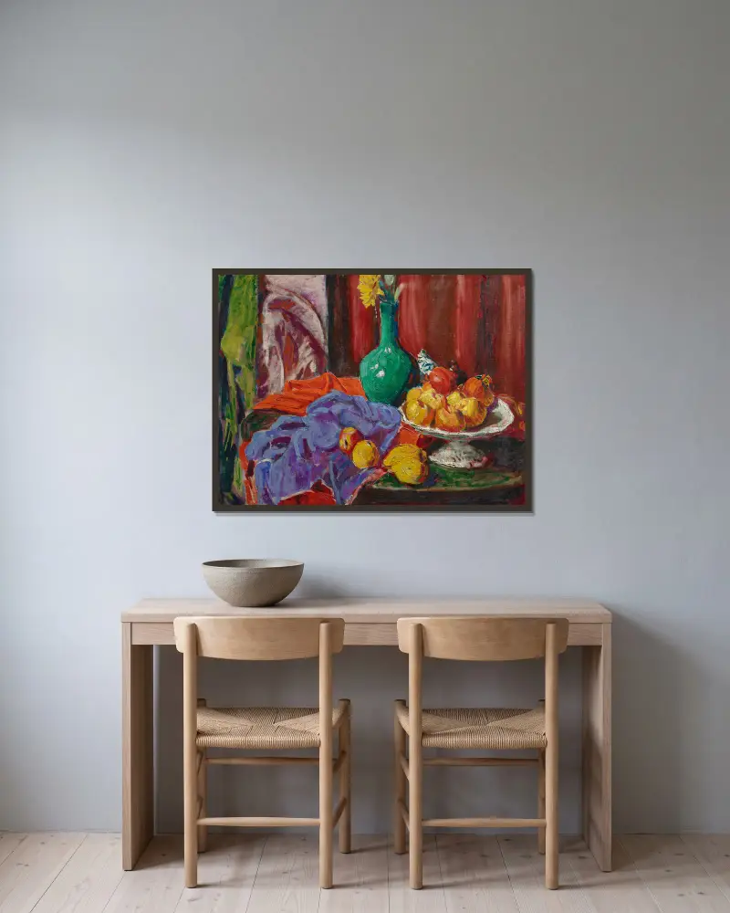 Stilleben med frukt och grön vas (Le Compotier) av Roderic O'Conor inramad på en vägg