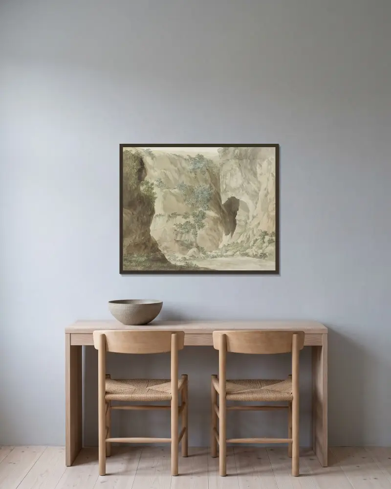Utsidan av grottan Oreille de Denys av Abraham-Louis-Rodolphe Ducros inramad på en vägg