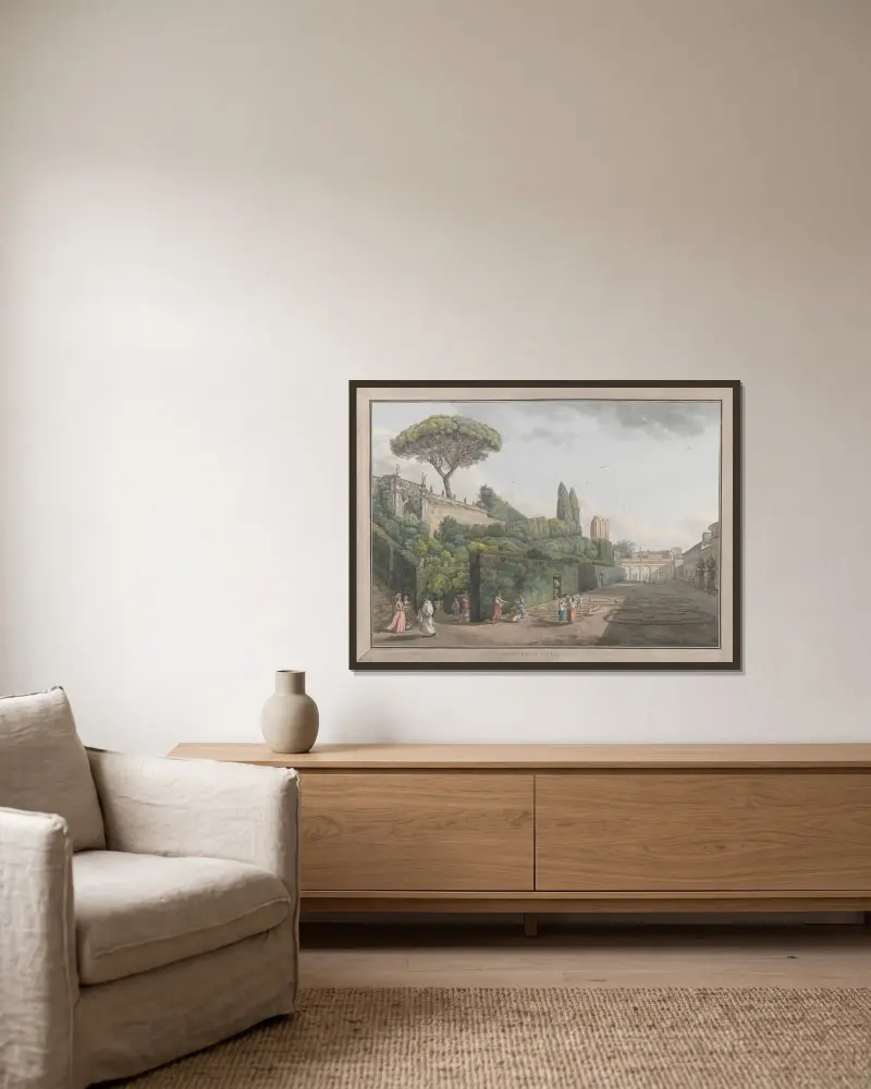 Trädgården vid Palazzo Colonna av Abraham-Louis-Rodolphe Ducros inramad på en vägg