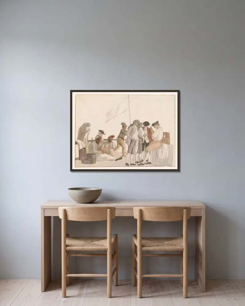 Sällskap ombord på skeppet l’Heureuse Marianne av Abraham-Louis-Rodolphe Ducros inramad på en vägg