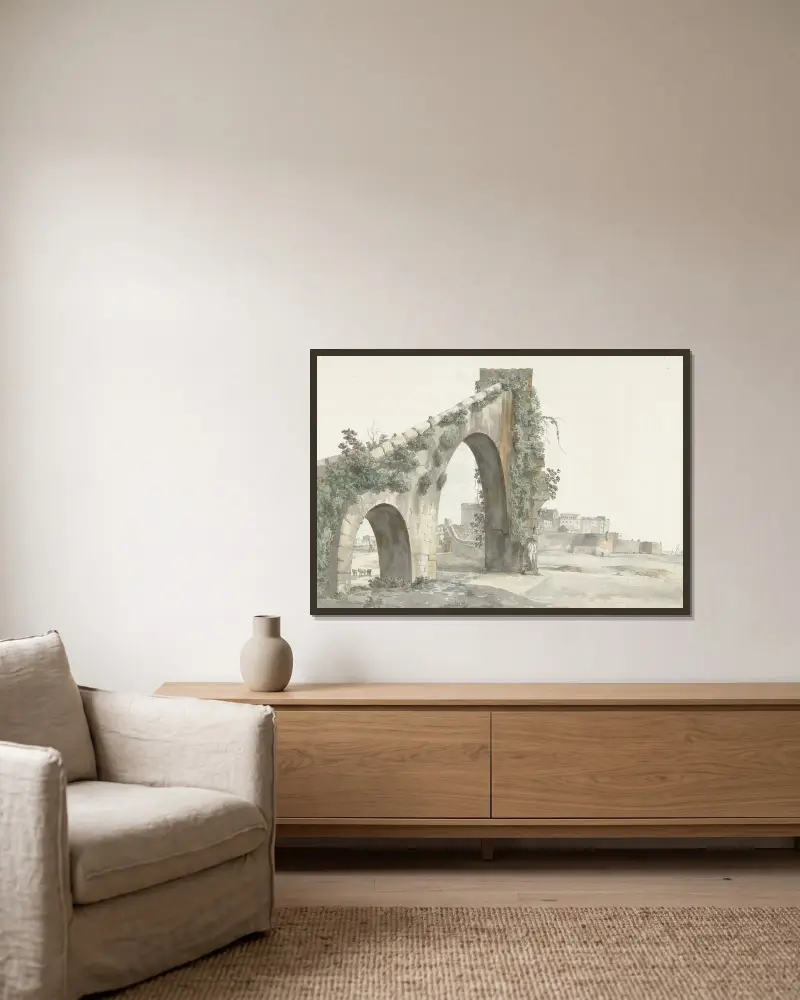 Gezicht op aquaduct en de stad Tarente av Abraham-Louis-Rodolphe Ducros inramad på en vägg