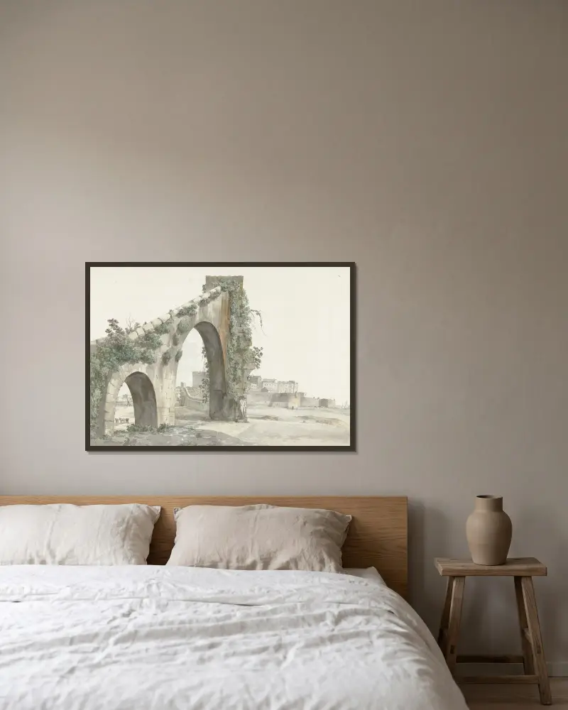 Gezicht op aquaduct en de stad Tarente av Abraham-Louis-Rodolphe Ducros inramad på en vägg