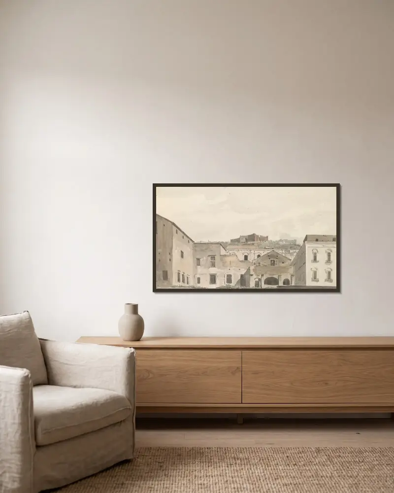 Vy över Castel Sant'Elmo och klostret från Chiaja av Abraham-Louis-Rodolphe Ducros inramad på en vägg