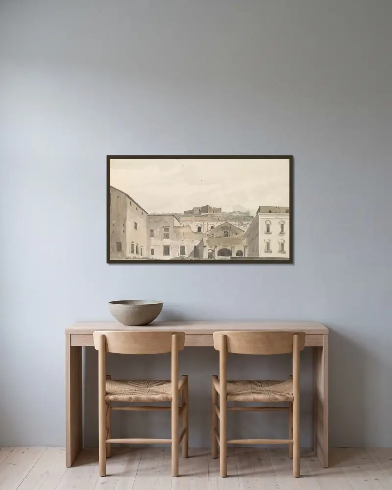 Vy över Castel Sant'Elmo och klostret från Chiaja av Abraham-Louis-Rodolphe Ducros inramad på en vägg