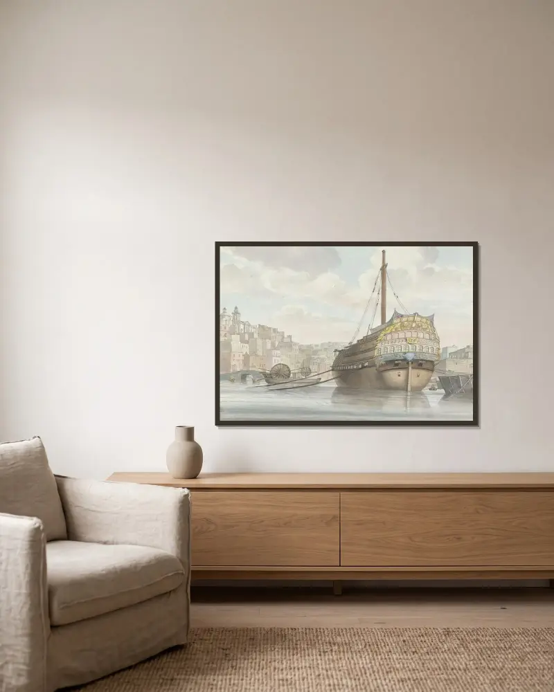 Vy över hamn med galärfartyg nära varvet av Abraham-Louis-Rodolphe Ducros inramad på en vägg