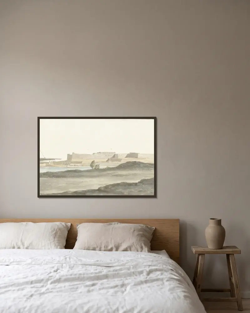 Gezicht op het kasteel in de haven van Barletta av Abraham-Louis-Rodolphe Ducros inramad på en vägg