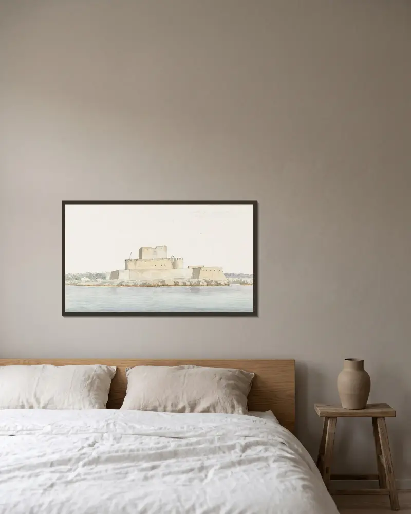 Blick auf das Schloss von San Mauro la Bruca vom Meer bei Ankunft von Abraham-Louis-Rodolphe Ducros gerahmt an einer Wand