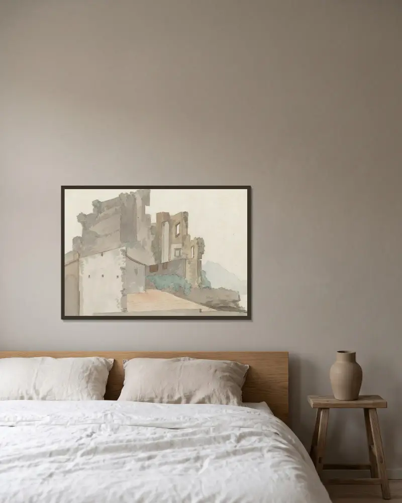 Vy över ruin, så kallade Castel Vecchio, i Avellino av Abraham-Louis-Rodolphe Ducros inramad på en vägg