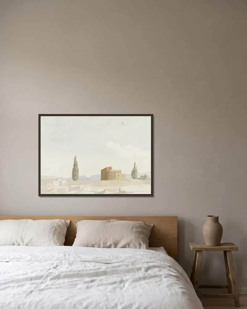 Lantgård vid foten av Monte Pellegrino av Abraham-Louis-Rodolphe Ducros inramad på en vägg