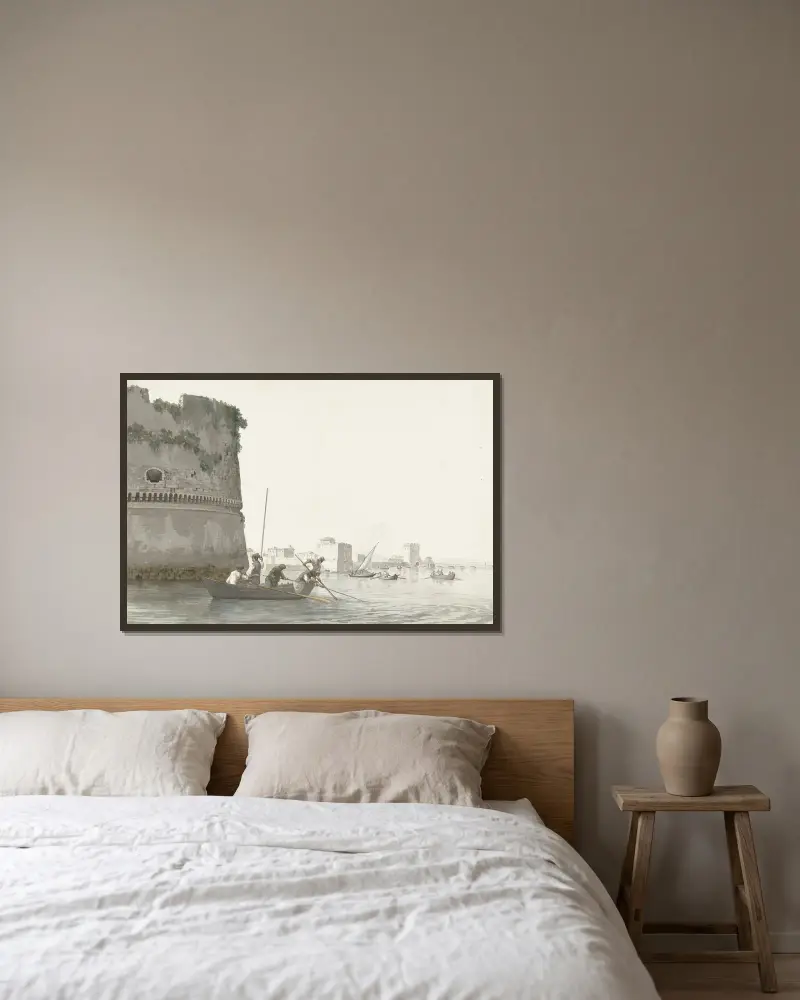 Mosselvissers op Mare Piccolo bij de vestingwerken van Tarente av Abraham-Louis-Rodolphe Ducros inramad på en vägg