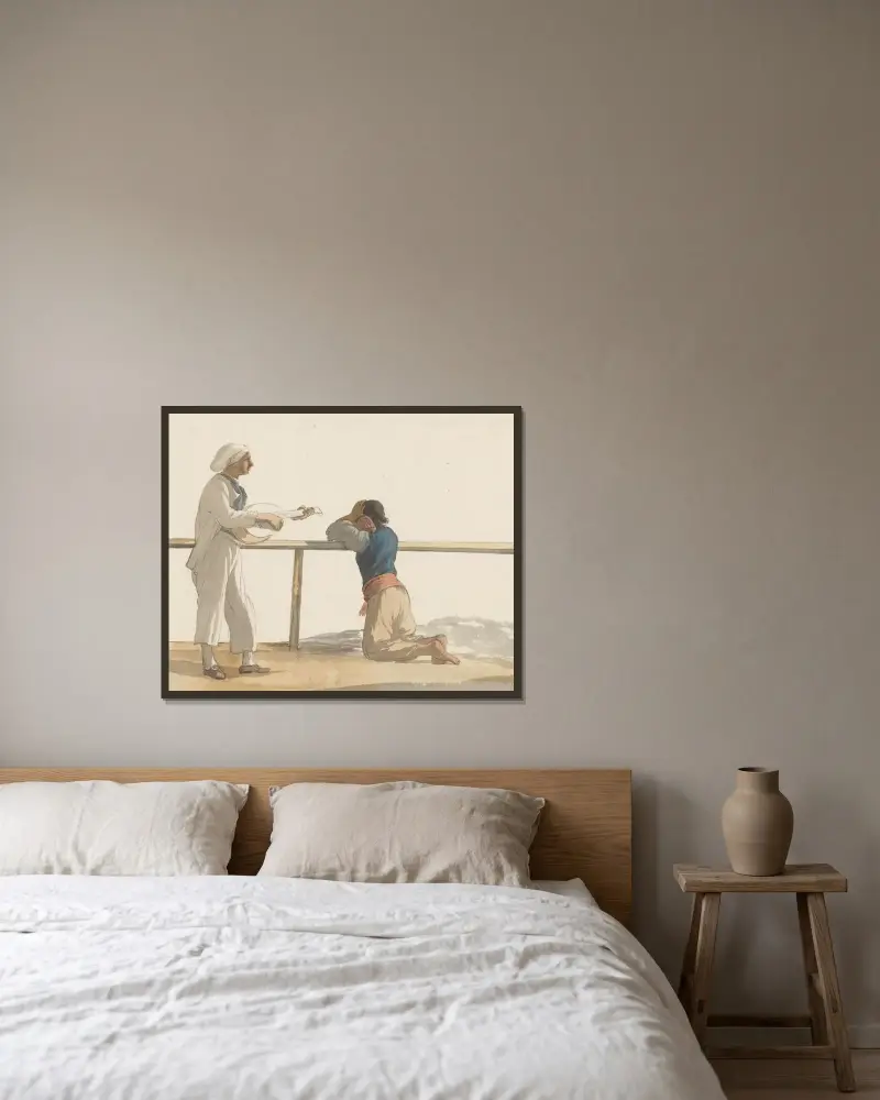 Personen aan boord van het schip l’Heureuse Marianne av Abraham-Louis-Rodolphe Ducros inramad på en vägg