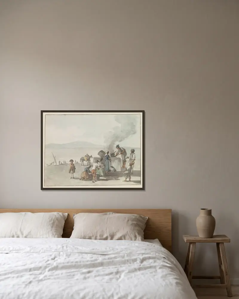Smelten van teer te Chiaja, Napels av Abraham-Louis-Rodolphe Ducros inramad på en vägg