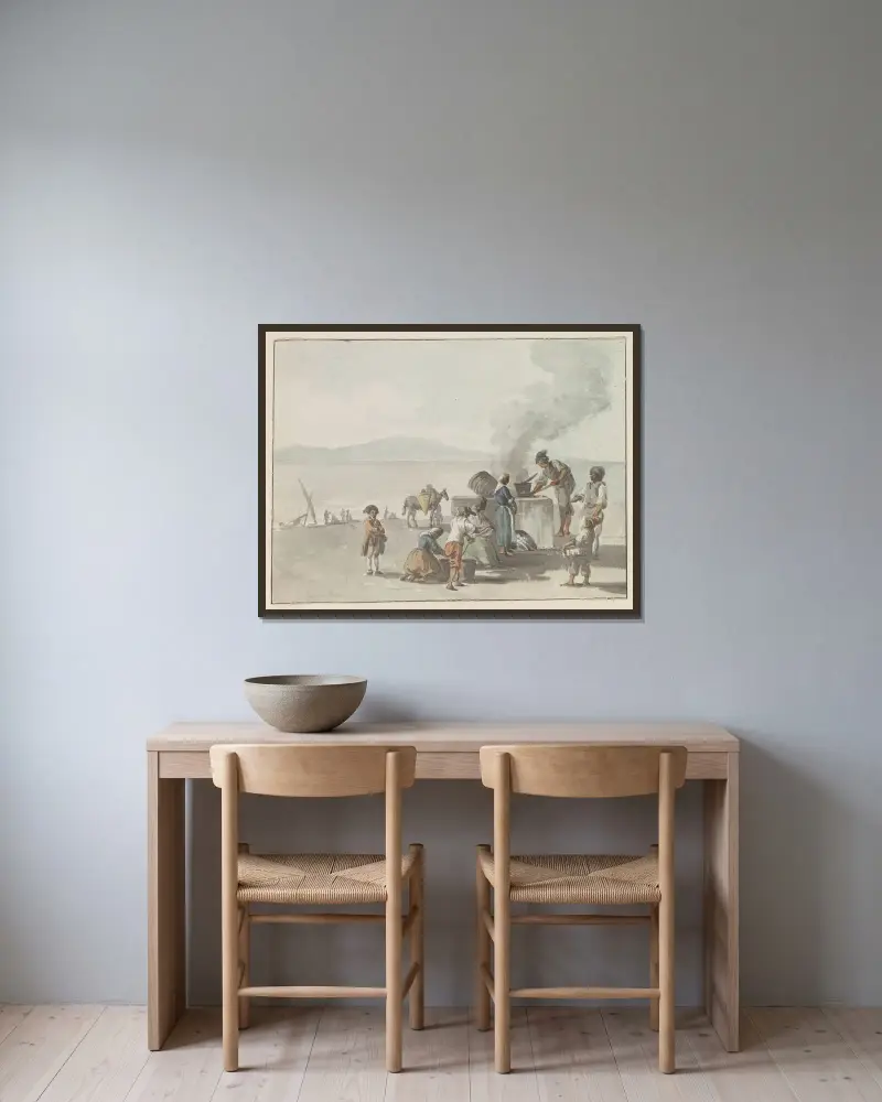 Smelten van teer te Chiaja, Napels av Abraham-Louis-Rodolphe Ducros inramad på en vägg