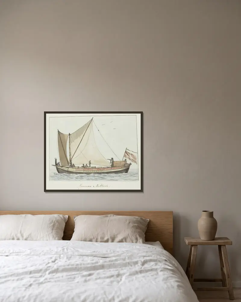 Speronare schip afkomstig uit Malta av Abraham-Louis-Rodolphe Ducros inramad på en vägg