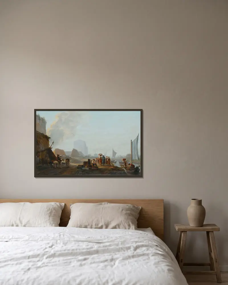 Flodstranden med båtar av Abraham-Louis-Rodolphe Ducros inramad på en vägg