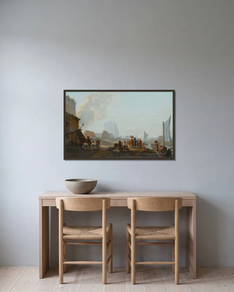 Flodstranden med båtar av Abraham-Louis-Rodolphe Ducros inramad på en vägg