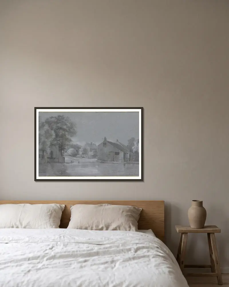 Ein Dorf mit Baumgruppen an einem Fluss von Roelant Roghman gerahmt an einer Wand