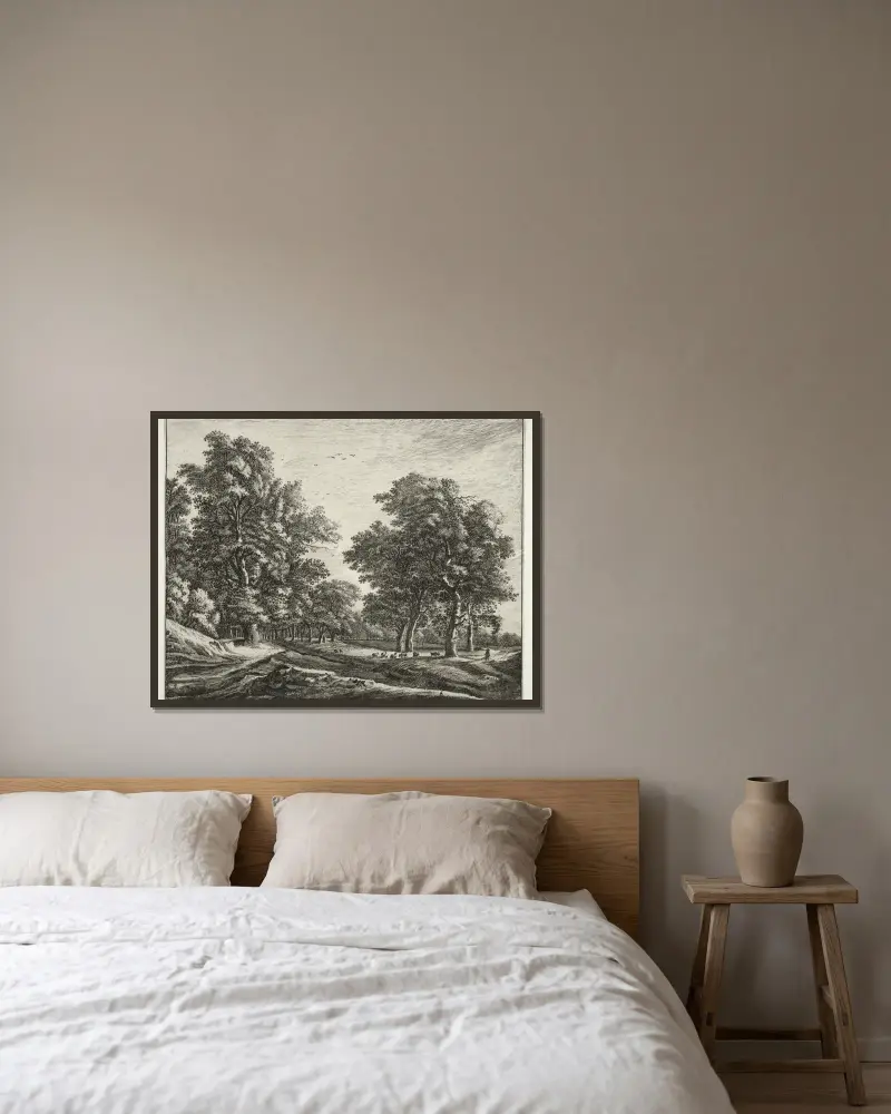 Ziegen unter den Bäumen von Roelant Roghman gerahmt an einer Wand