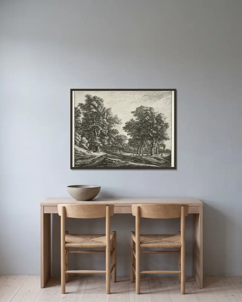 Ziegen unter den Bäumen von Roelant Roghman gerahmt an einer Wand