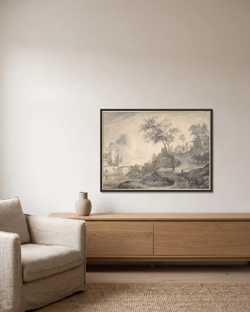 Landschaft von Roelant Roghman gerahmt an einer Wand