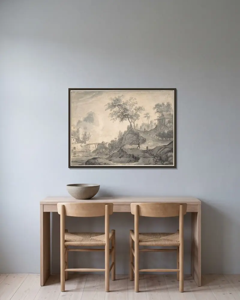 Landschaft von Roelant Roghman gerahmt an einer Wand