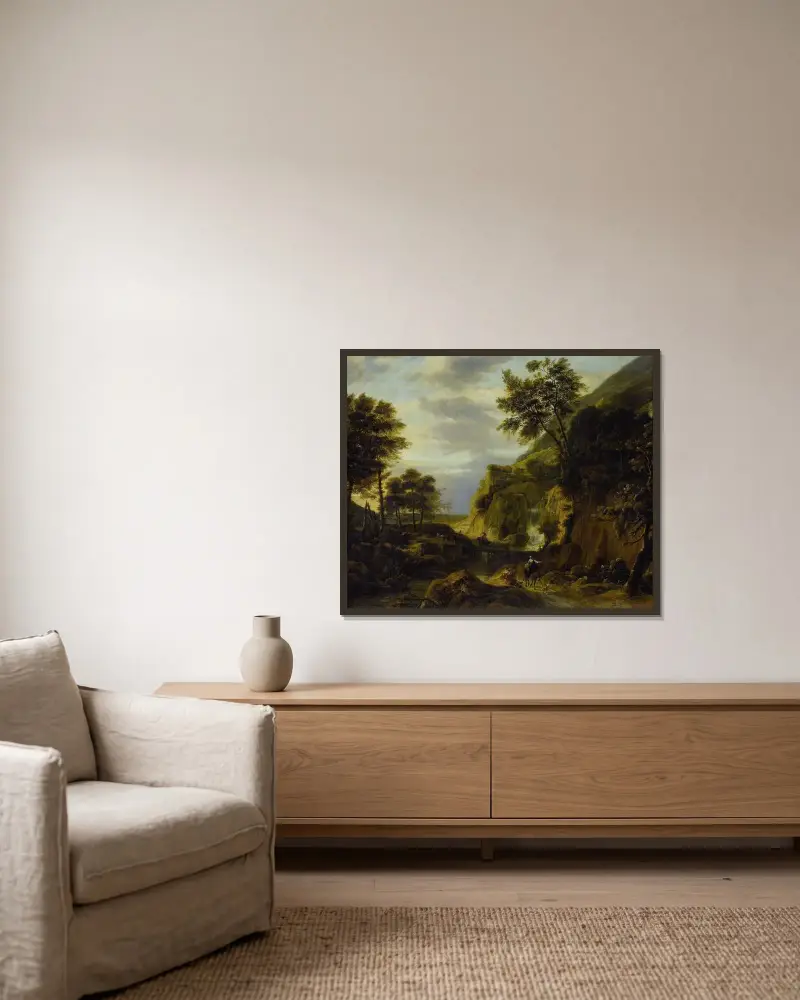 Gebirgslandschaft mit Wasserfall von Roelant Roghman gerahmt an einer Wand