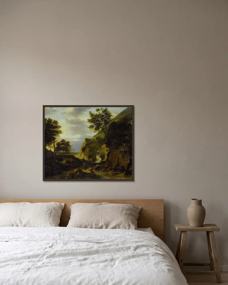 Gebirgslandschaft mit Wasserfall von Roelant Roghman gerahmt an einer Wand