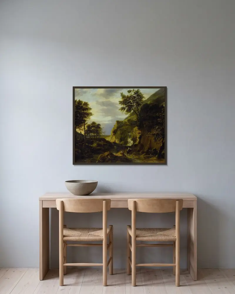Gebirgslandschaft mit Wasserfall von Roelant Roghman gerahmt an einer Wand