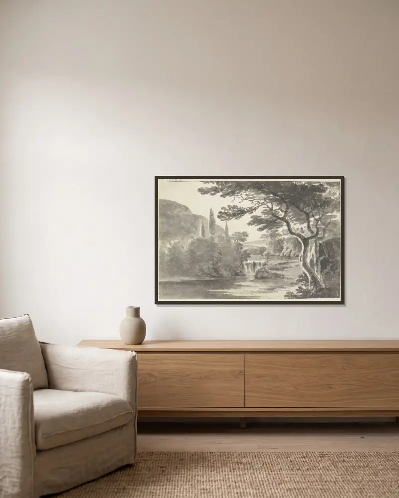 Waldlandschaft mit Wasserfall von Roelant Roghman gerahmt an einer Wand