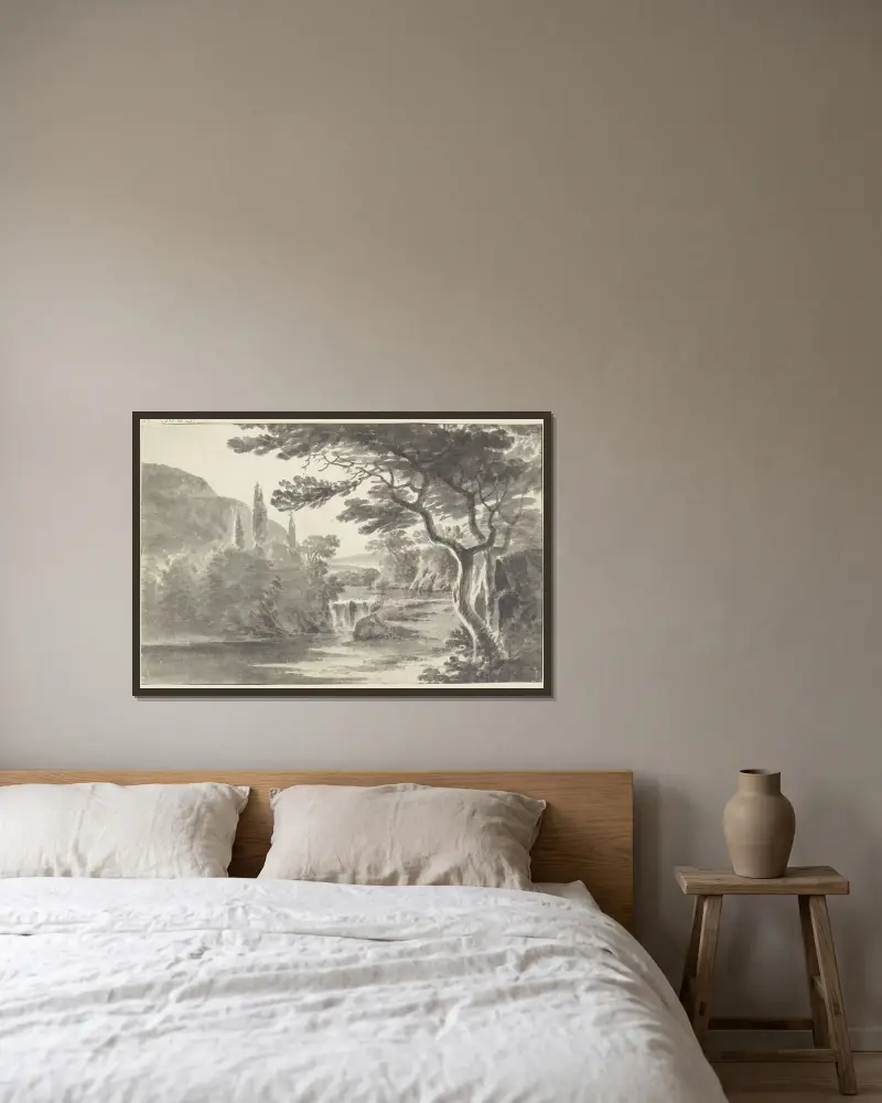 Waldlandschaft mit Wasserfall von Roelant Roghman gerahmt an einer Wand