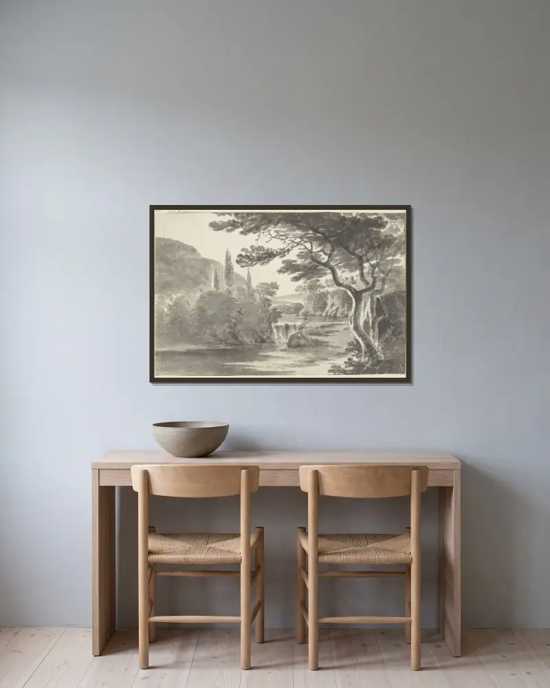 Waldlandschaft mit Wasserfall von Roelant Roghman gerahmt an einer Wand