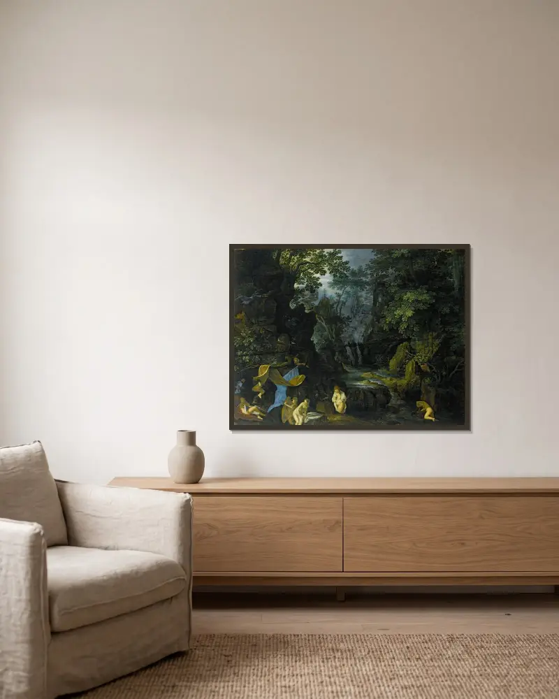 Eine Waldlandschaft mit badenden Nymphen und Leda mit dem Schwan von Roelant Savery gerahmt an einer Wand