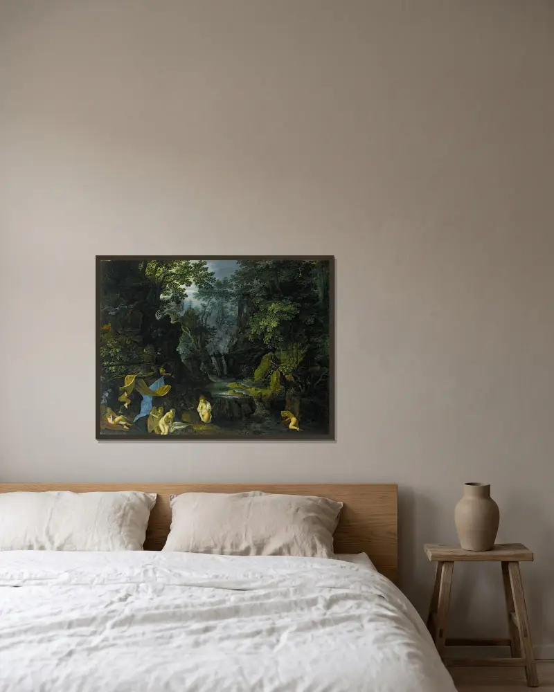 Eine Waldlandschaft mit badenden Nymphen und Leda mit dem Schwan von Roelant Savery gerahmt an einer Wand