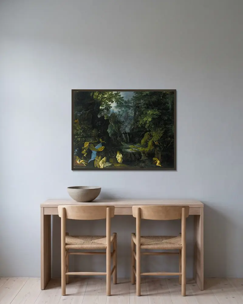 Eine Waldlandschaft mit badenden Nymphen und Leda mit dem Schwan von Roelant Savery gerahmt an einer Wand