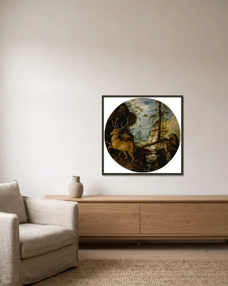 Ein Löwe jagt zwei Hirsche von Roelant Savery gerahmt an einer Wand