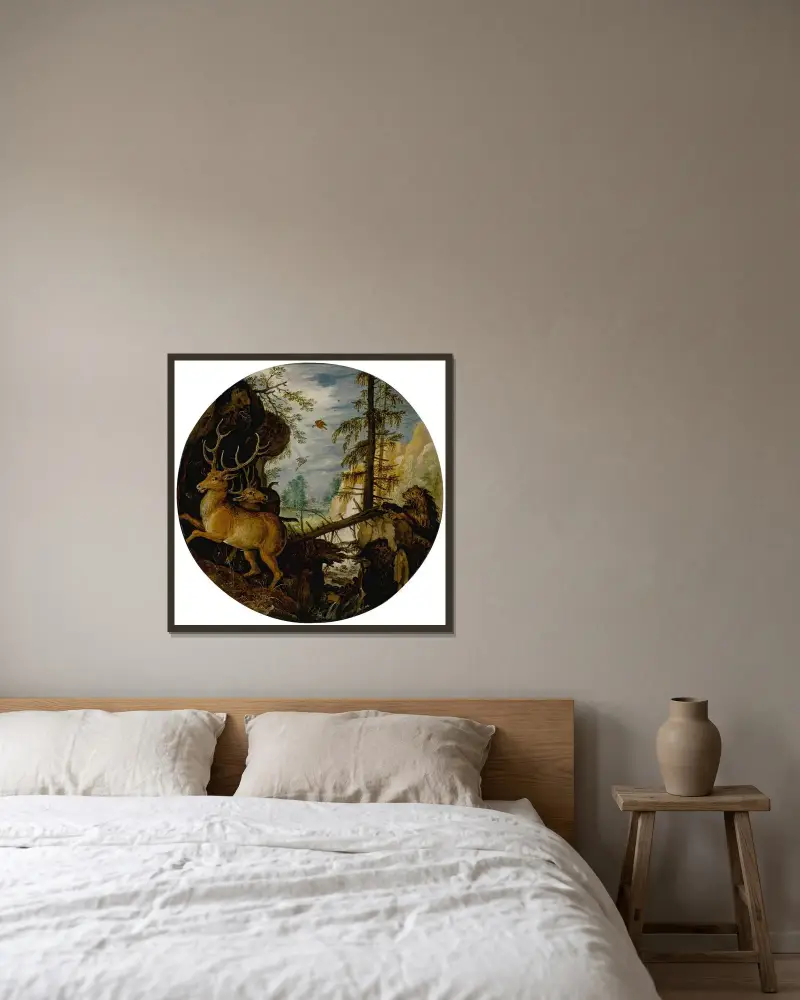 Ein Löwe jagt zwei Hirsche von Roelant Savery gerahmt an einer Wand