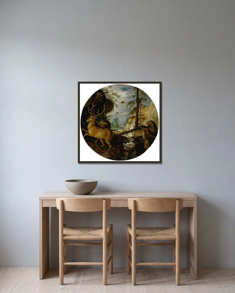 Ein Löwe jagt zwei Hirsche von Roelant Savery gerahmt an einer Wand