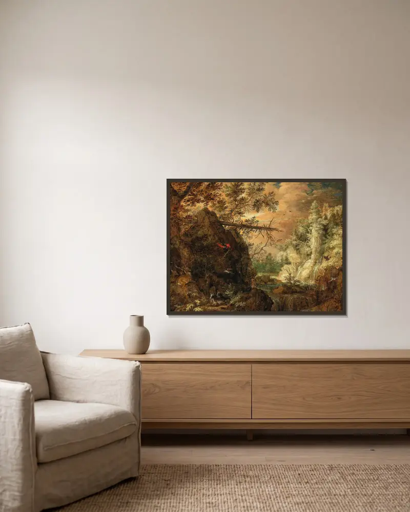 A rocky wooded landscape with a waterfall av Roelant Savery inramad på en vägg