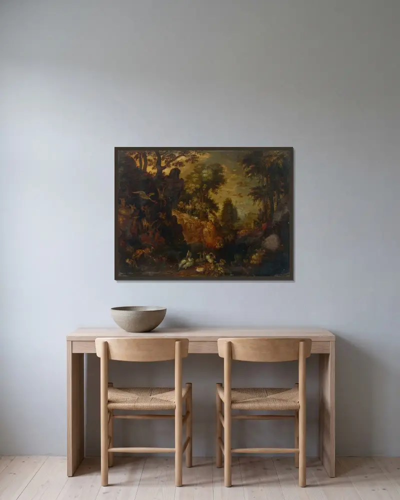 Felsige Waldlandschaft mit Vögeln, Hirschen und anderen Tieren von Roelant Savery gerahmt an einer Wand
