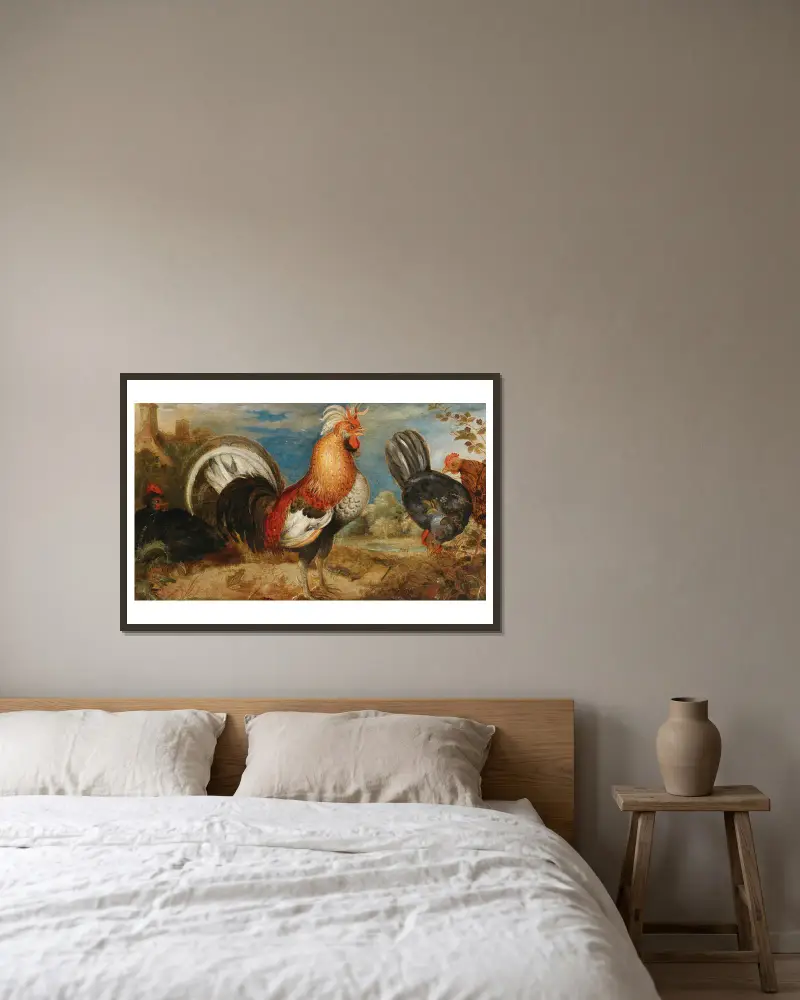 A rooster and chicken in a landscape av Roelant Savery inramad på en vägg