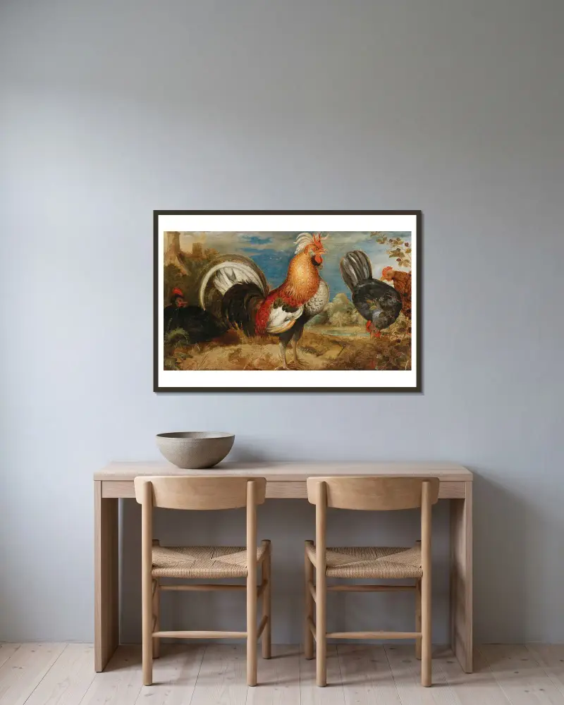 A rooster and chicken in a landscape av Roelant Savery inramad på en vägg