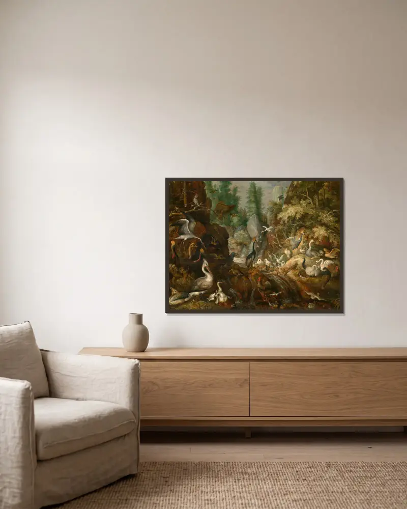 Das Paradies der Vögel von Roelant Savery gerahmt an einer Wand