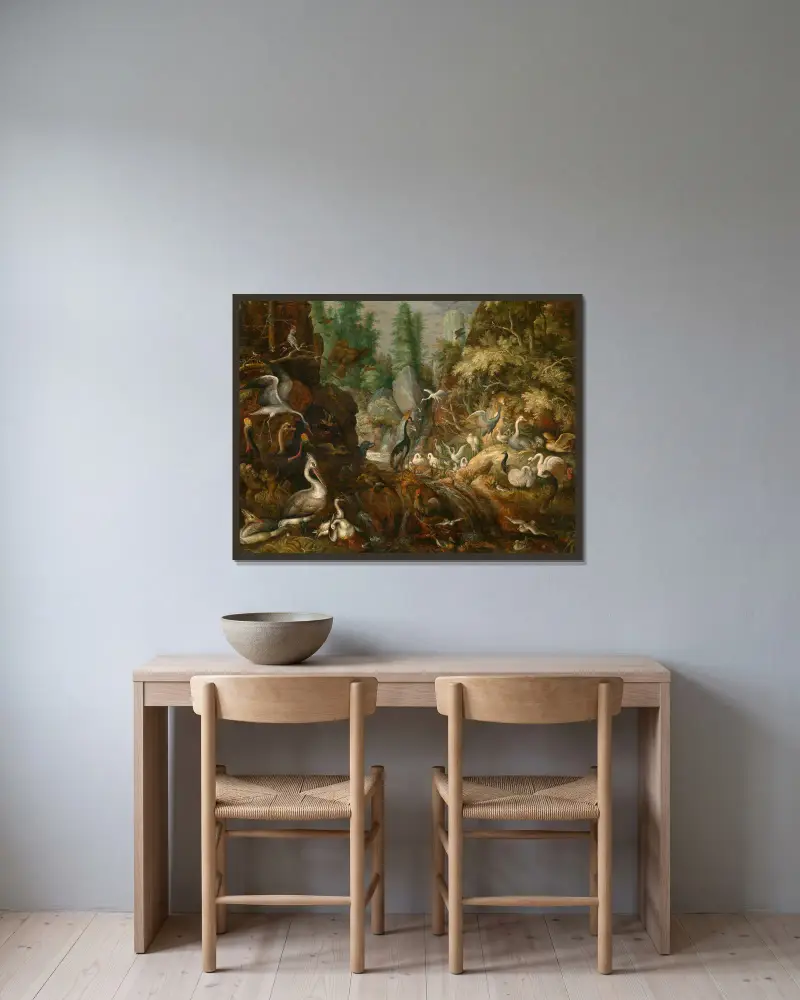 Das Paradies der Vögel von Roelant Savery gerahmt an einer Wand