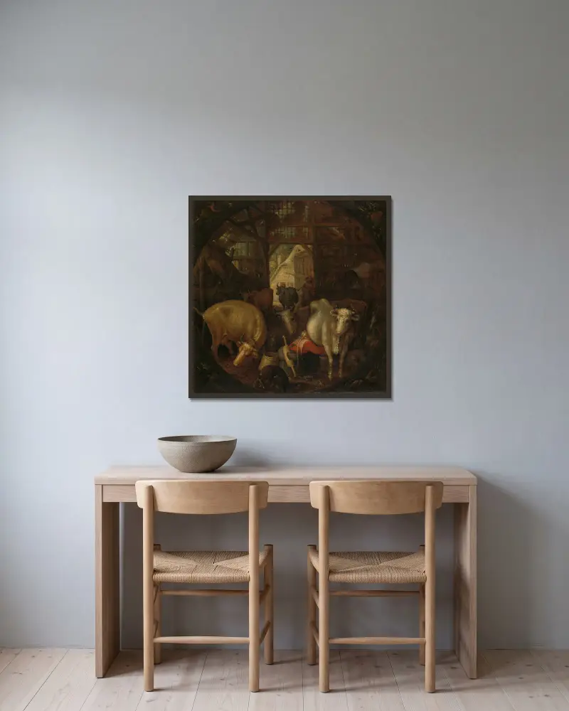 Cows in a stable; witches in the four corners av Roelant Savery inramad på en vägg