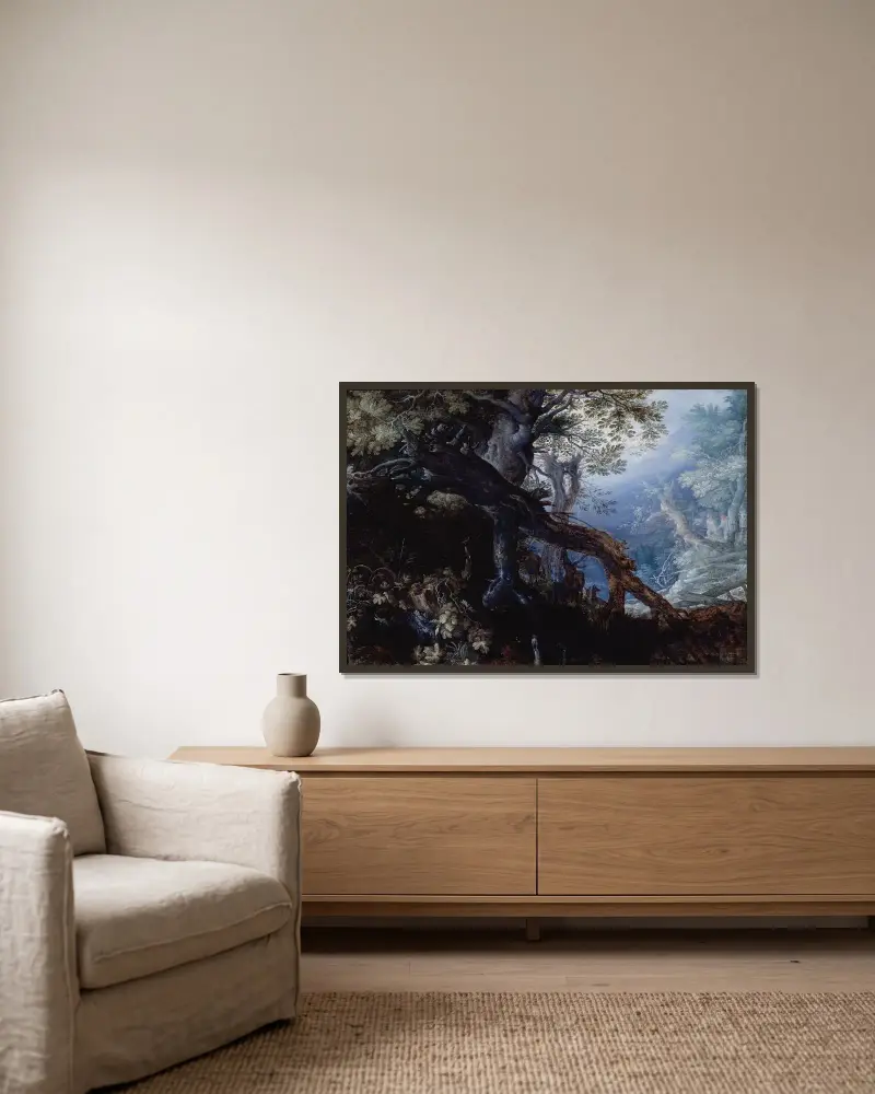 Wald mit Hirschen von Roelant Savery gerahmt an einer Wand
