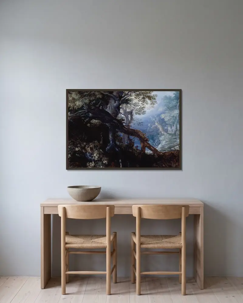 Wald mit Hirschen von Roelant Savery gerahmt an einer Wand