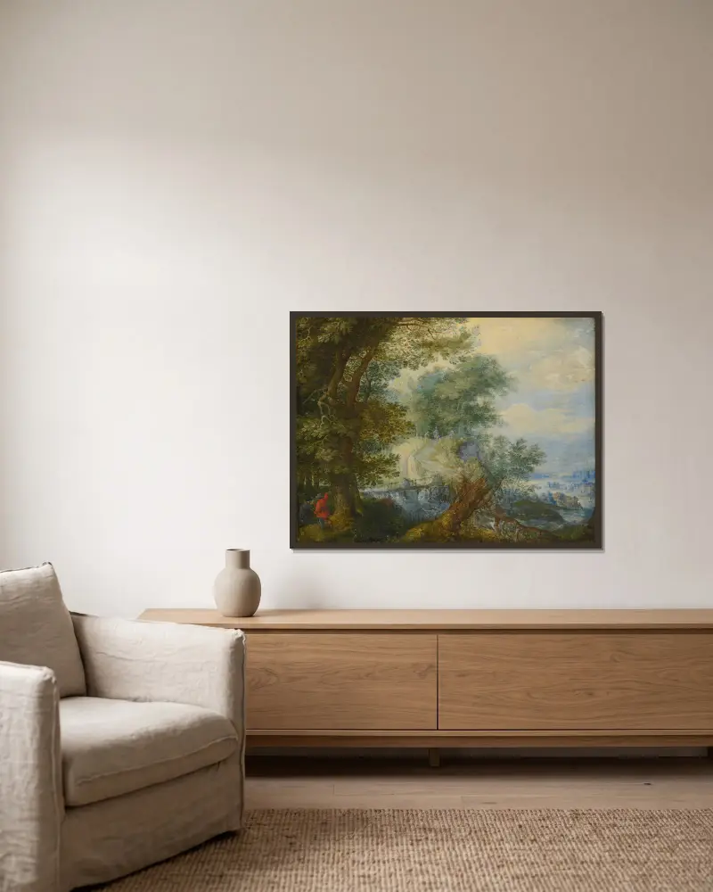 Landscape with hunters av Roelant Savery inramad på en vägg
